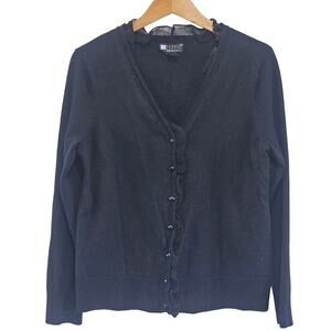 Carole Little 100% Merino Wool XL Cardigan Sheer Ruffle Neckline Fairy Grunge